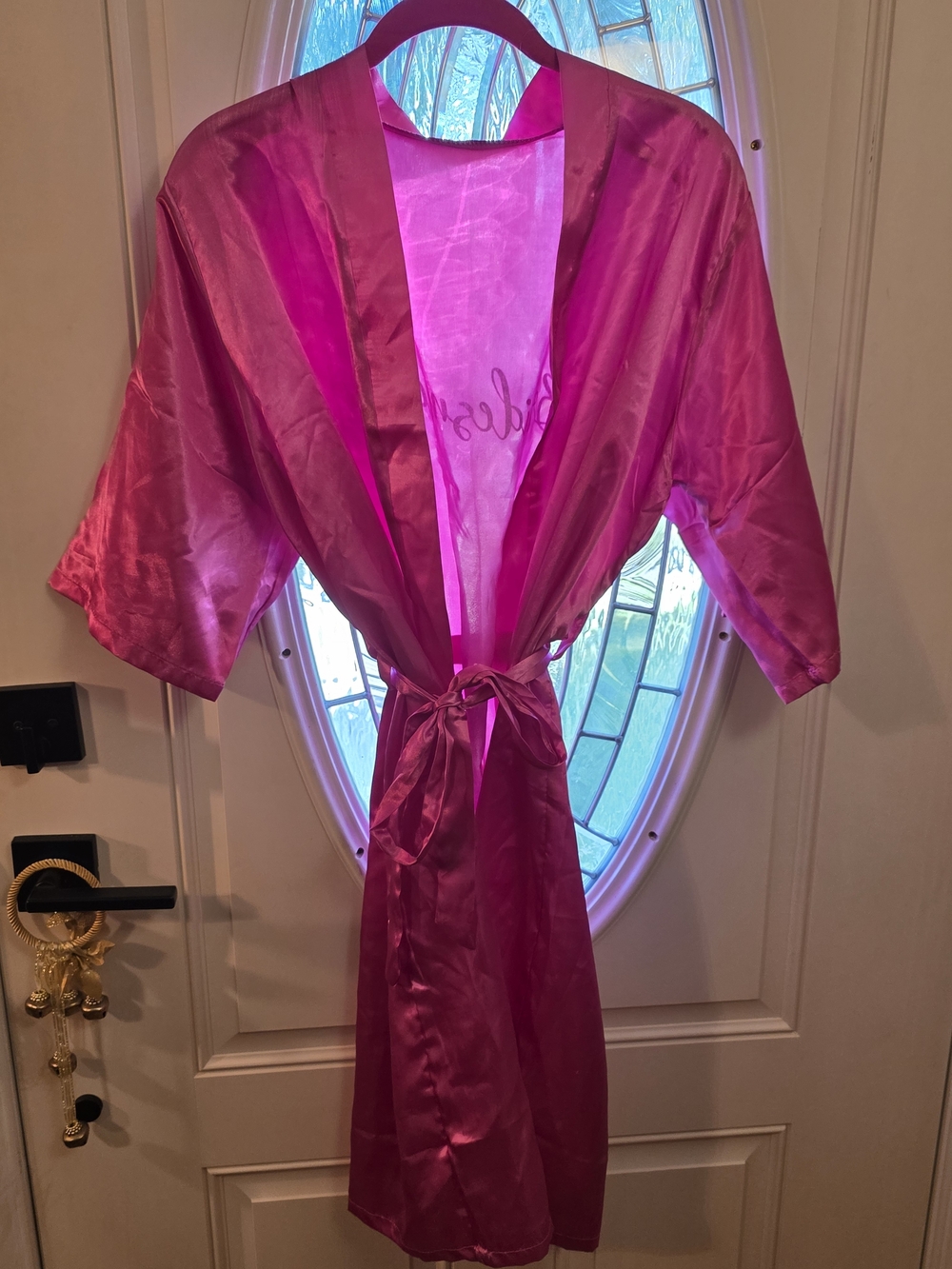 Hot Pink Satin Kimono Robe with Tie Waist